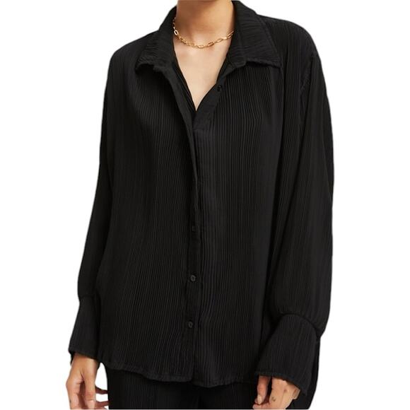 NWT Good American Always Fits Black Plissé Button Up Shirt Size 3/4 L/XL - Picture 1 of 8